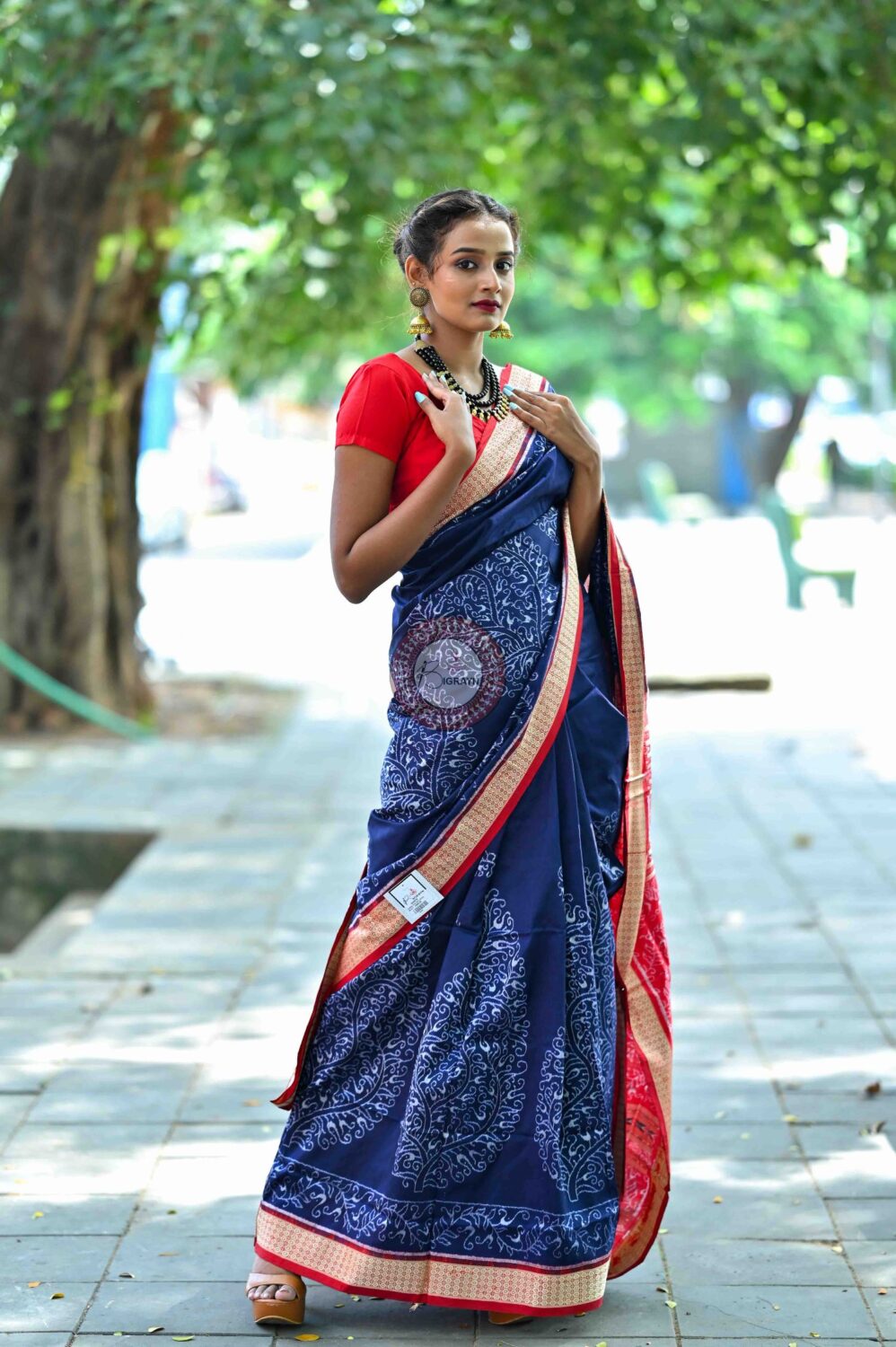 Navy blue saree with red outlet border