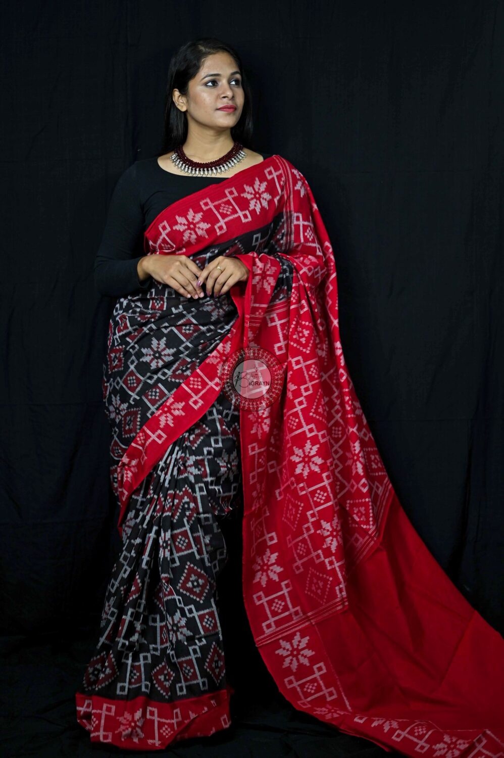 Odisha Ikkat Khandua Cotton Saree - Black-White-Red – My Clothing Treasure